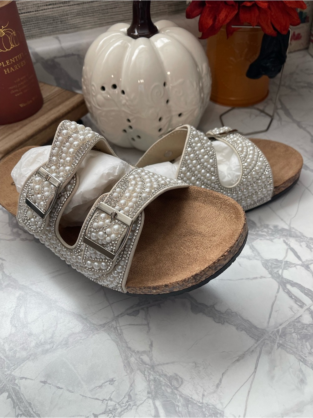 Jellypop White Pearl And Rhinestone Embellished Double Buckle Sandals NIB - Picture 4 of 9